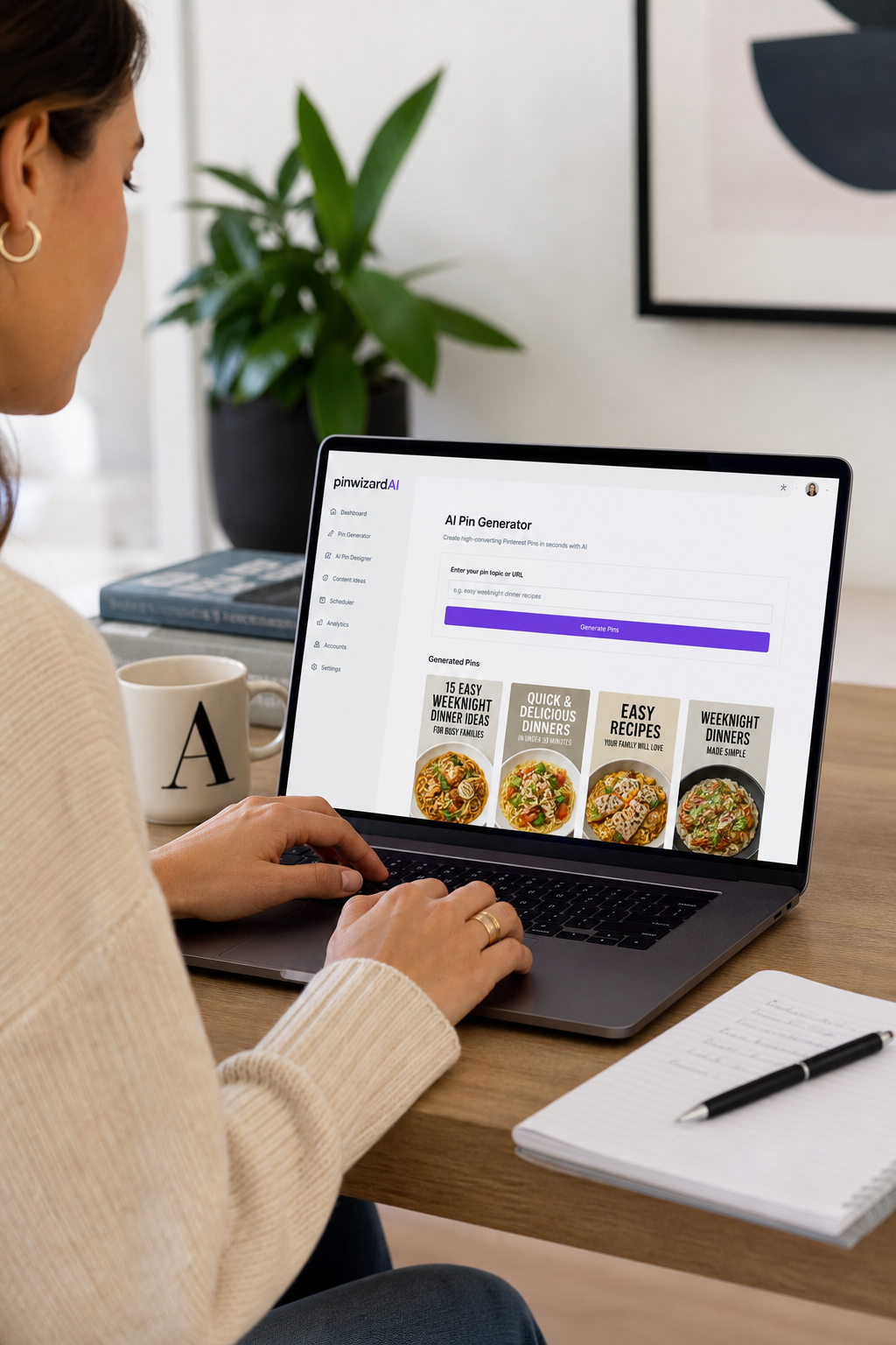 Professional lifestyle image showing a marketer using an AI Pinterest tool on a laptop