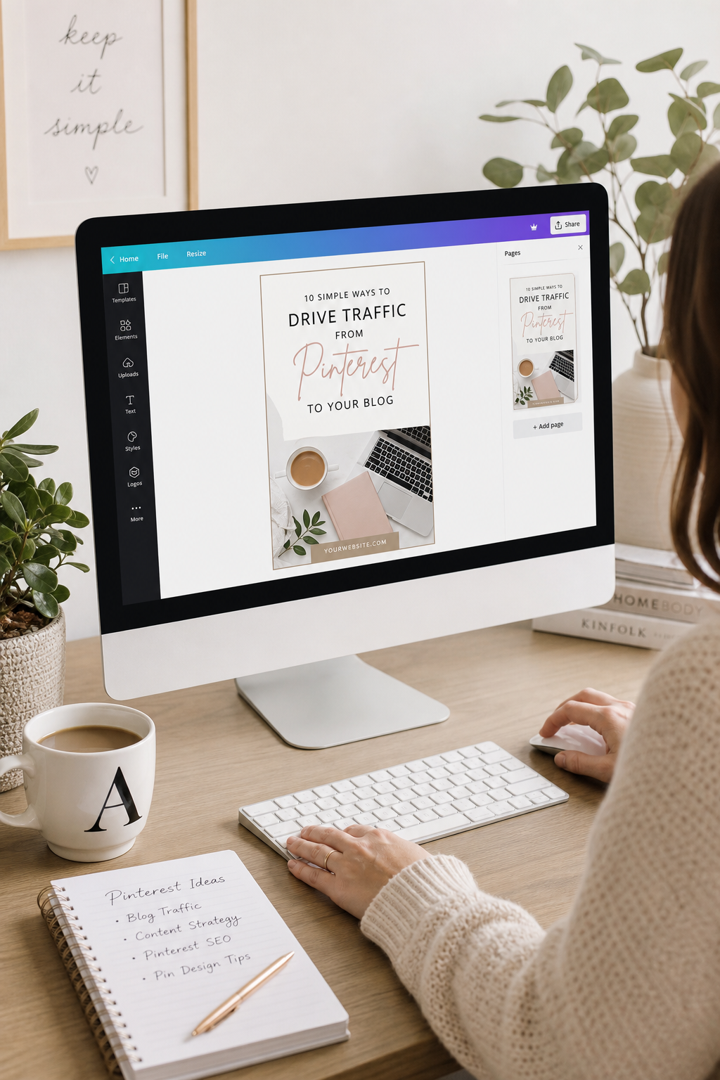 Clean product lifestyle photo of Pinterest marketing content being created on a desktop workspace