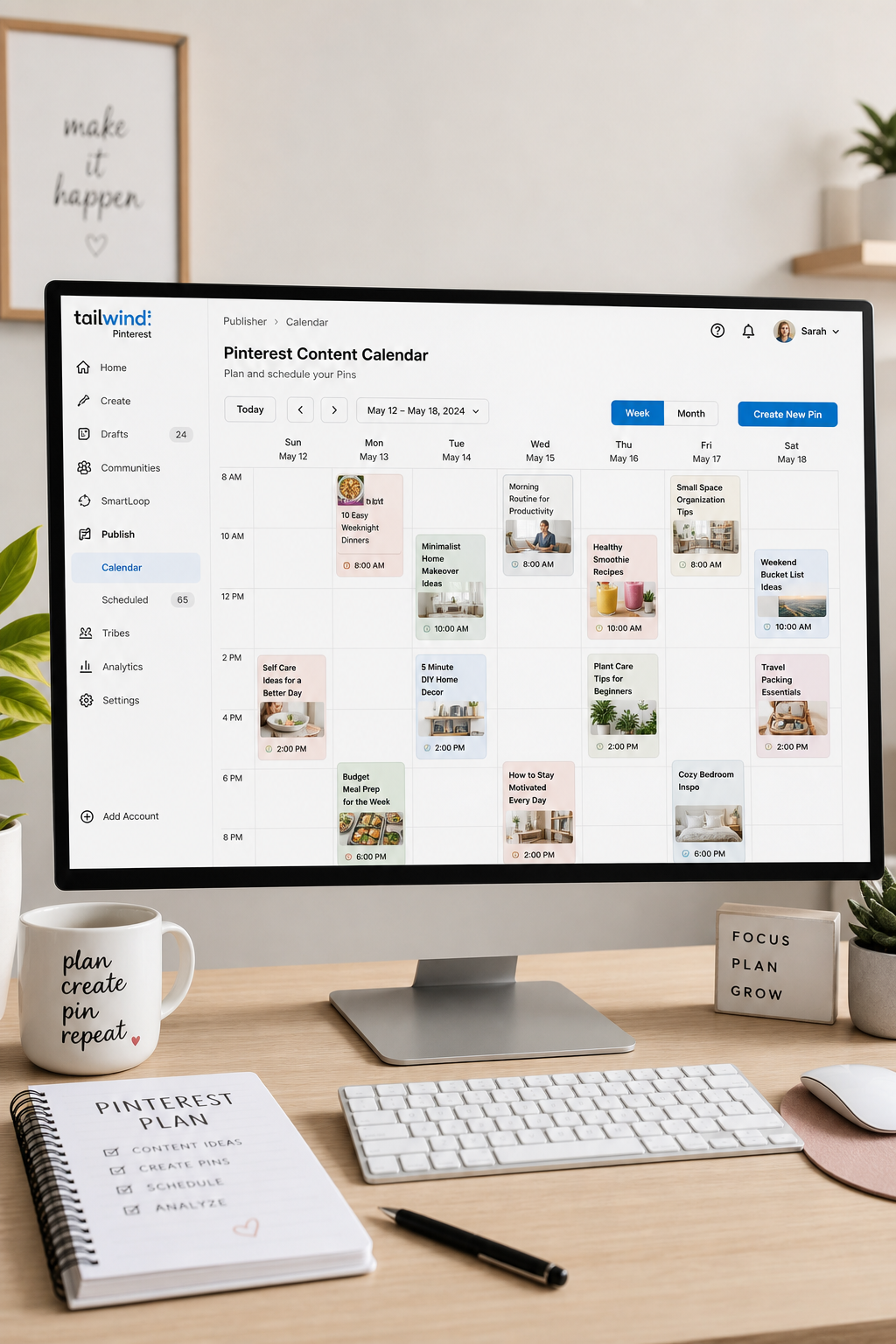 Professional image showing organized Pinterest content scheduling and planning on screen